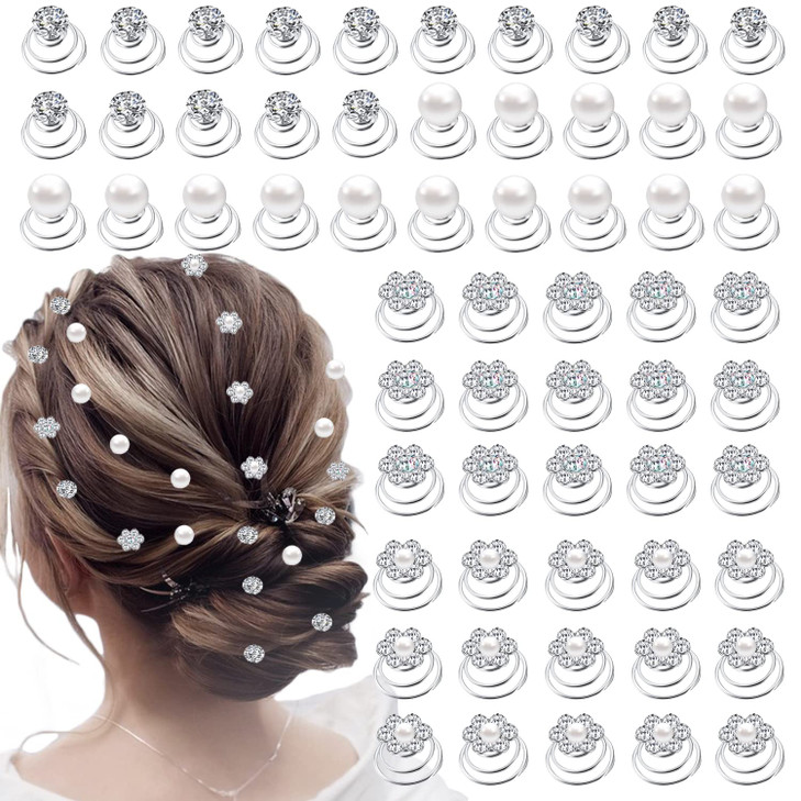 60 PCS 4 Shapes Gems Rhinestone Twister Hair Studs Set Diamond Spiral Pearl Flower Jewels Hair Pins Sticks for Wedding B