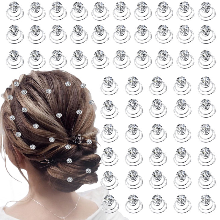 60 PCS Gems Rhinestone Twister Hair Studs Set Diamond Spiral Pearl Flower Jewels Hair Pins Sticks for Wedding Bridal Pro