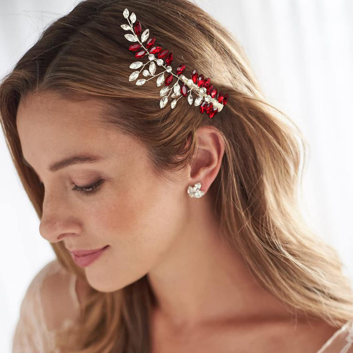 BETITETO Wedding Hair Clip Combs 2Pcs Red White Green Rhinestone Bridal Hair Vine Piece Accessories for Women Girls Part