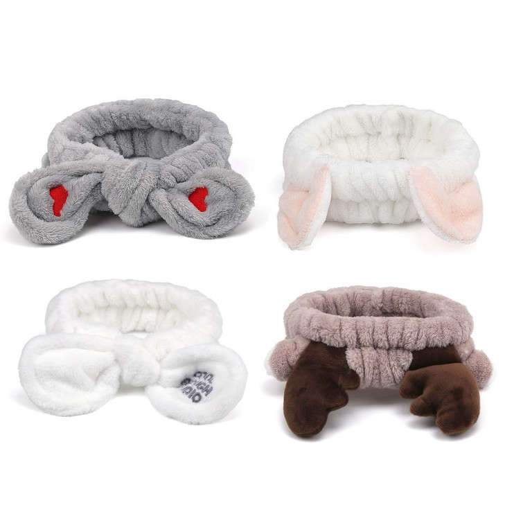 AHONEY Makeup Spa Headband Face Wash Headband for Women Girls Cute Headbands Animal Ears Shower 4Pcs Coral Fleece Hair B