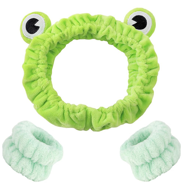 AHONEY Frog Headband Skin care Headbands and Wristbands Cute Spa Wrist Band Fluffy Hand Cuffs Women Girls Kids Facial Ma