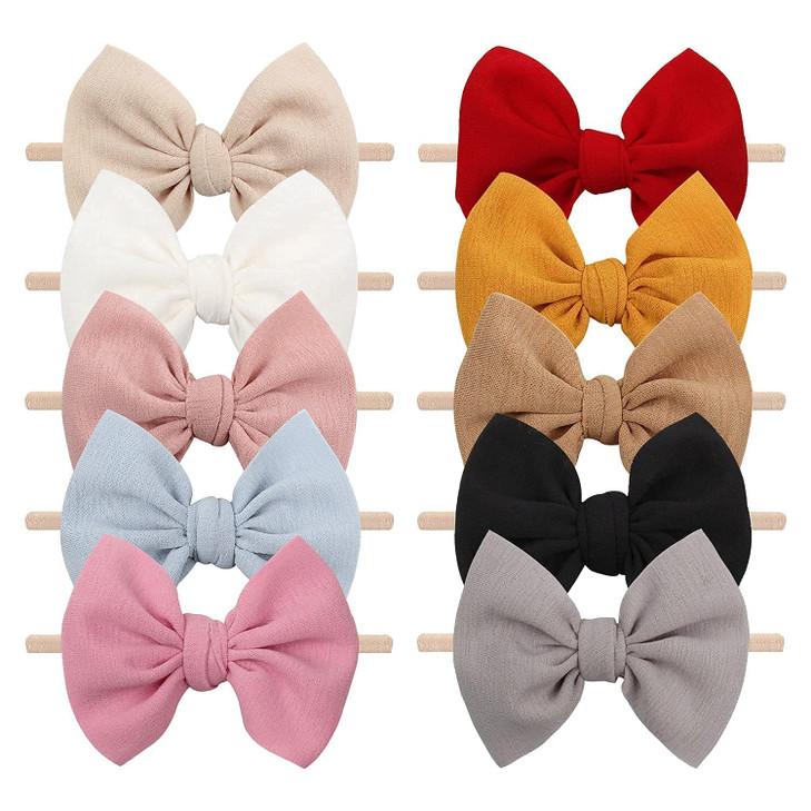 YanJie 45 Nylon Bow Headbands for Baby Girls Handmade Tied Bows Hair Accessories for Infants and Toddlers 10 Pieces