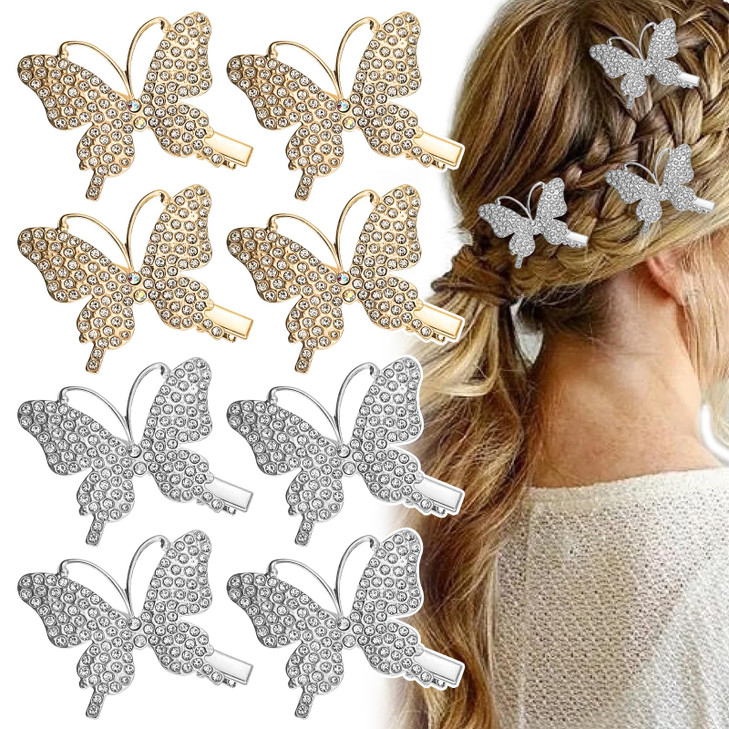 8 PACK Butterfly Hair Clips Rhinestone Glitter Butterfly Metal Alligator Hair Barrette Elegant Duckbill Hair Pins Butter
