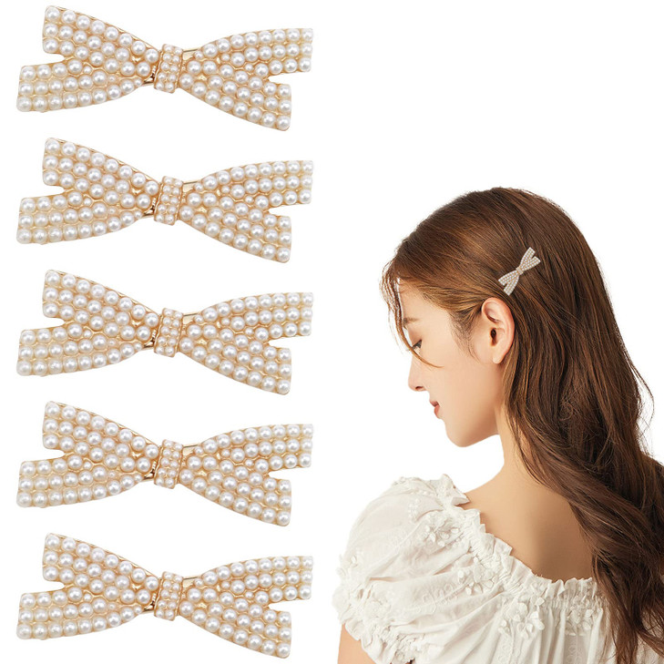 5 Pcs Pearl Bow Hair Clips Duckbill Hair Claw Clips Gold Metal Hair Clip Elegant Cute Hair Pins Hair Accessories Headwea