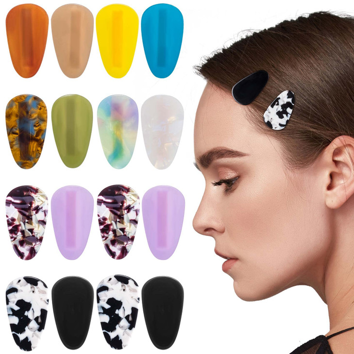 HINZIC 16pcs Teardrop No Bend Hair Clips Tiny Small No Crease Bangs Creaseless Hair Clips Flat Duckbill Acrylic Resin Ba