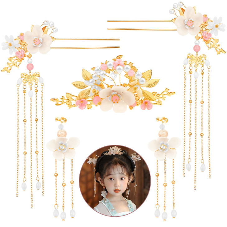 5 Pcs Flower Chinese Tassel Hair Stick Crystal Pearl Hanfu Hair Pins Classical Floral Bride Wedding Accessories for Wome