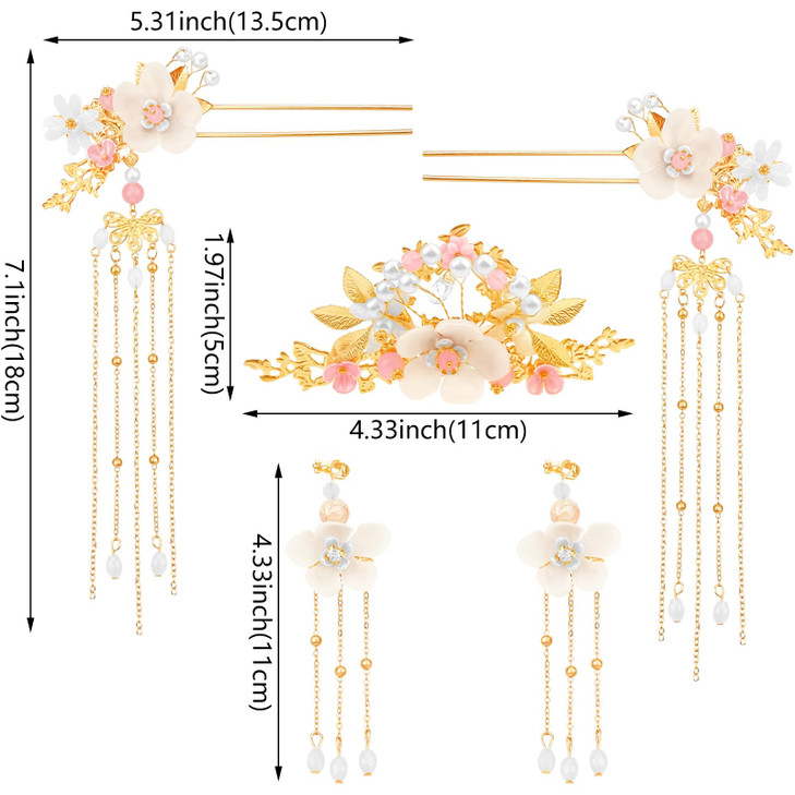 5 Pcs Flower Chinese Tassel Hair Stick Crystal Pearl Hanfu Hair Pins Classical Floral Bride Wedding Accessories for Wome