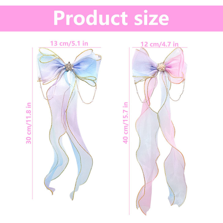2 PCS Rainbow Ribbon Hair Bows for Girls Princess Bowknot Hair Barrettes Colorful Bows Alligator Clips Hair Accessories