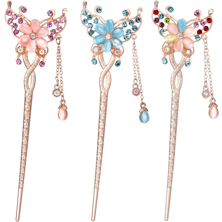 OIIKI Butterfly Flowers Hair Sticks Pins for Buns 3pcs Chinese Flower Hair Chopsticks for Women Girls Long Thick Hair Vi