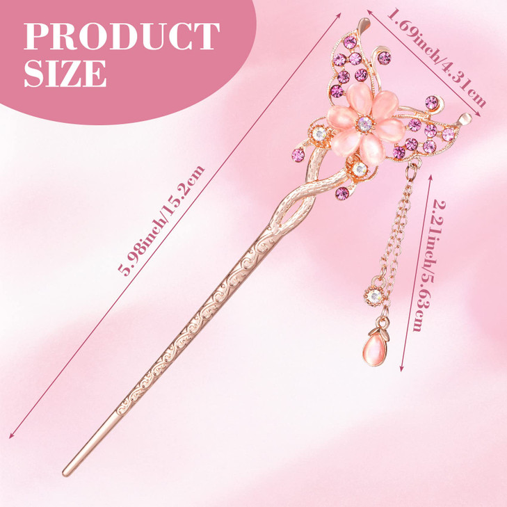 OIIKI Butterfly Flowers Hair Sticks Pins for Buns 3pcs Chinese Flower Hair Chopsticks for Women Girls Long Thick Hair Vi