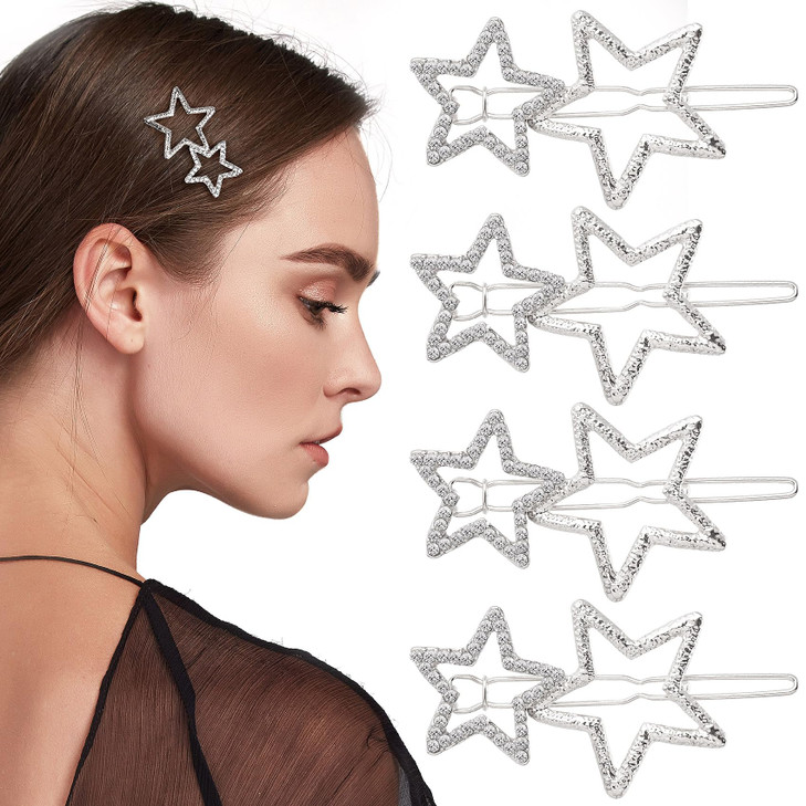 OIIKI Star Hair Clips Pins Silver 8pcs Star Hair Barrettes Elegant Metal Hair Clips Rhinestone Hairpin Hollow Geometric