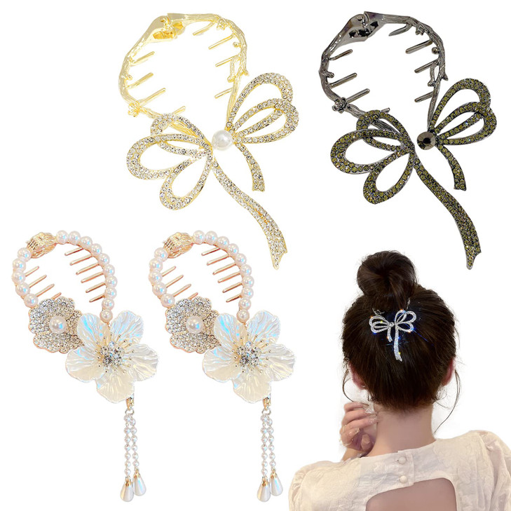 4 Pack Hair Styling Clips Hair Bun Accessories Butterfly Claw Clips Flower Bow Ponytail Buckle Hairpin Bow Light Luxury