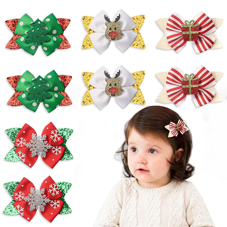 ALIBBON 8 Pcs Christmas Hair Bows for Girls Glittering Christmas Tree Snowflake Hair Clips for Woman Reindeer Hairpins f