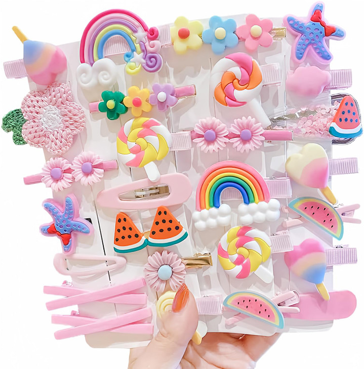 28 PCS Cute Hair Clips Fashion Girls Hair Accessories Flower Fruit Colorful Rainbow Candy Dessert Lovely Animal Barrette