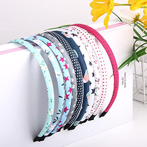 Fishdown Headband for Women Girls Headbands Plain for Kids Flower Polka Dots Heart Fabric Covered Thin Hairbands for Kid
