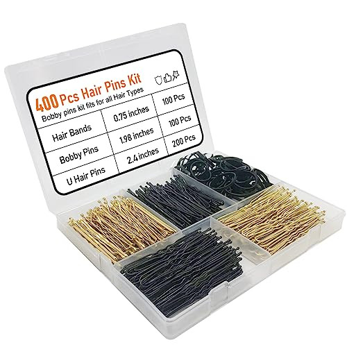 400 Pcs Hair Pins Kit Including 100 Pcs Bobby Pins 100 Pcs U Hair Pins 200 Black Rubber Hair Bands Hair Pin for Girls an