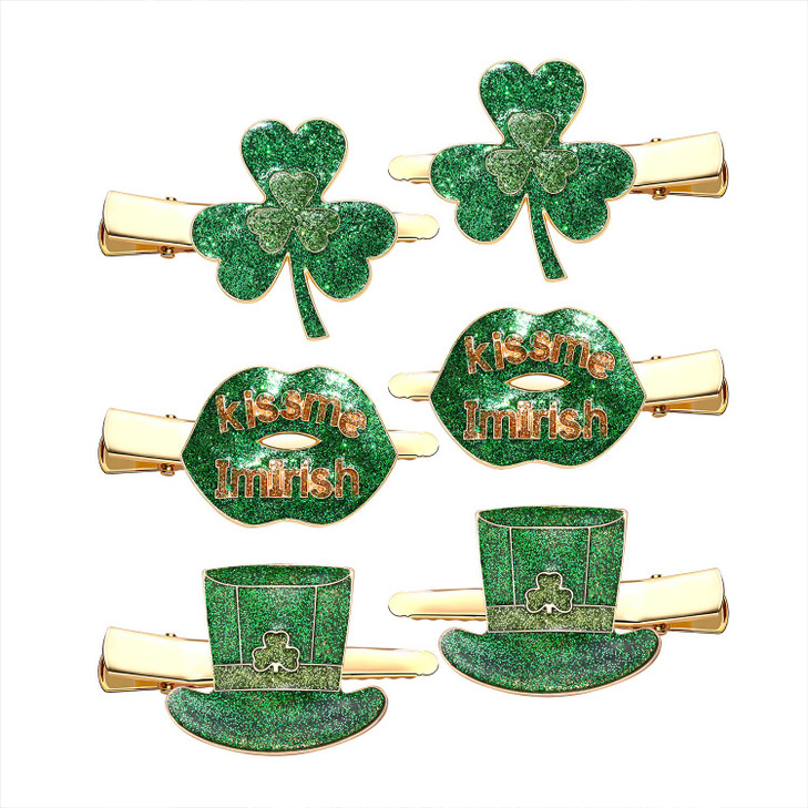 6PSC St Patricks Day Hair Clips Glitter Shamrock Hat Hairpins Funny Irish Green Lucky Clover Lips Miss Me Hair Barrettes