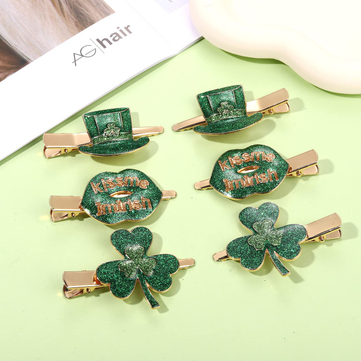 6PSC St Patricks Day Hair Clips Glitter Shamrock Hat Hairpins Funny Irish Green Lucky Clover Lips Miss Me Hair Barrettes
