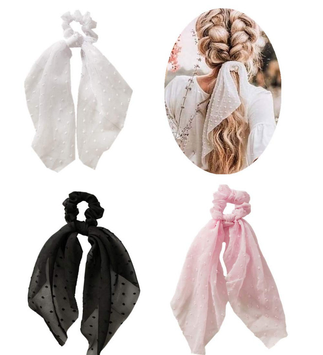 SCRMROIA 3 Packs Scarf Scrunchies Polka Dot Daisy Flower Hair Scarf Scarves Satin Silk Long Tails Scrunchy Bowknot Hair