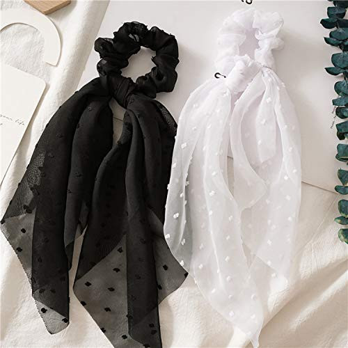 SCRMROIA 3 Packs Scarf Scrunchies Polka Dot Daisy Flower Hair Scarf Scarves Satin Silk Long Tails Scrunchy Bowknot Hair
