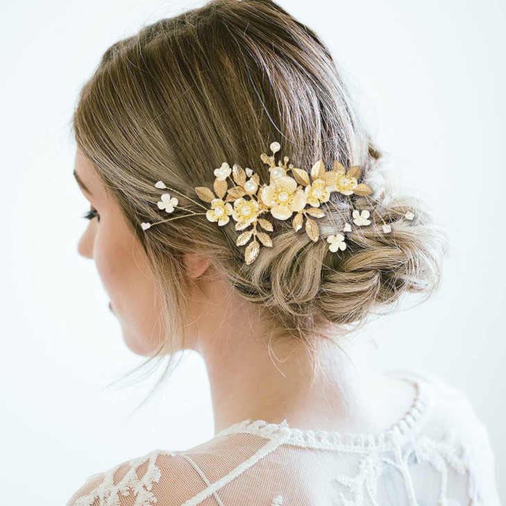 Cinaci 27 Pack Sparkly Glitter Gold Rhinestone Leaf Flower Bridal Metal Hair Side CombsUshaped Pearl Hair Pins Clips Bar