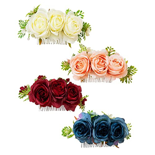 Cinaci 4 Pack Metal Hair Side Combs Slides with Artificial Rose Flower Floral Wedding Bridal Clips Headpieces Hairpins B