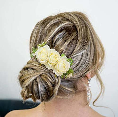 Cinaci 4 Pack Metal Hair Side Combs Slides with Artificial Rose Flower Floral Wedding Bridal Clips Headpieces Hairpins B