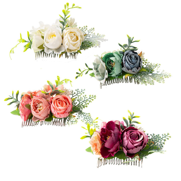 Cinaci 4 Pack Silver Metal Hair Side Combs Slides with Artificial Rose Flower Floral Wedding Bridal Headpieces Clips Hai