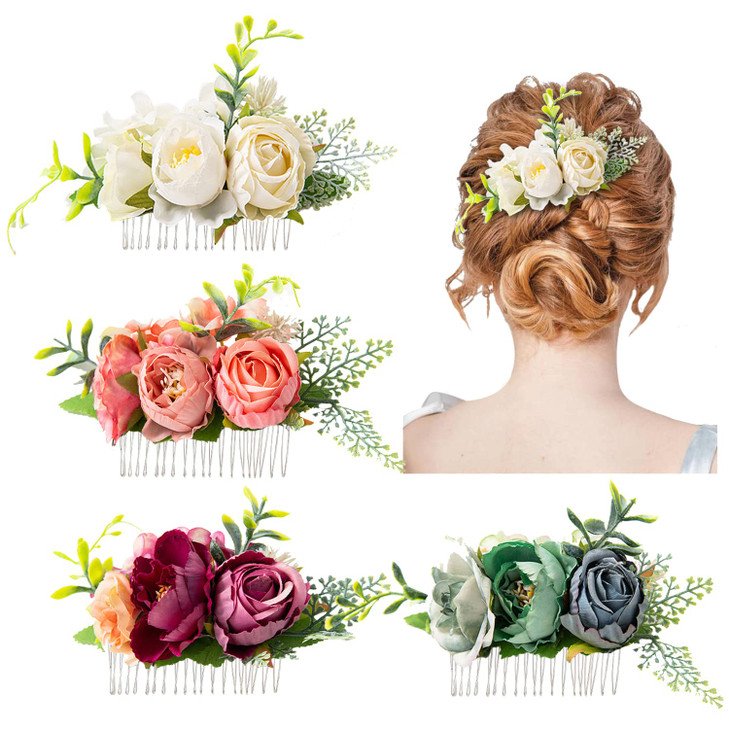 Cinaci 4 Pack Silver Metal Hair Side Combs Slides with Artificial Rose Flower Floral Wedding Bridal Headpieces Clips Hai