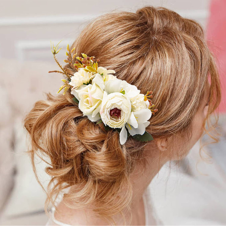 Cinaci 4 Pack Large Artificial Flower Metal Hair Side Combs Floral Slide Hair Clips Wedding Bridal Headpieces Hairpins B