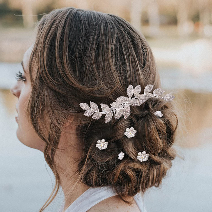 Cinaci 41 Pack Sparkly Silver Rhinestone Leaf Flower Pearl Bridal Hair Side CombsUshaped Twist Hair Pins Clips Barrettes