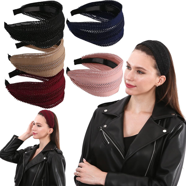 LONEEDY 5 Pack Glitter Wide Headbands for Women Hard Hair Band Velvet Fabric with Teeth for Girls Hair Accessories 5pcs