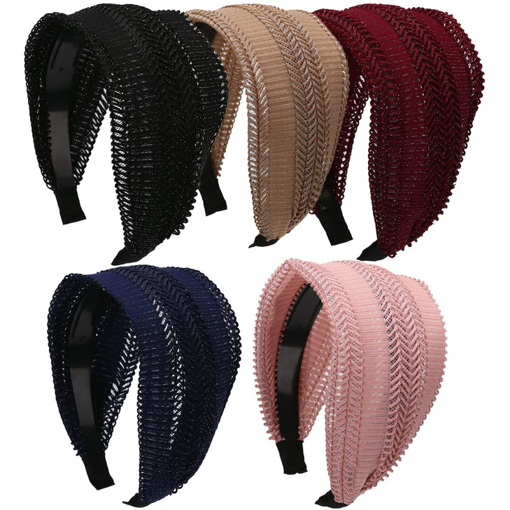 LONEEDY 5 Pack Glitter Wide Headbands for Women Hard Hair Band Velvet Fabric with Teeth for Girls Hair Accessories 5pcs