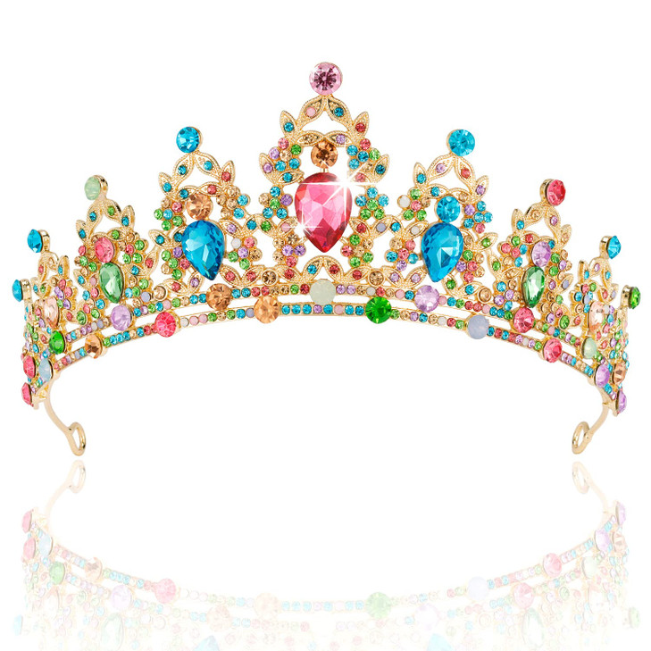 SuPoo Tiaras for Women Birthday Crown Gold Crown Colorful Rhinestone Princess Tiara Metal Queen Crown for Women Headband