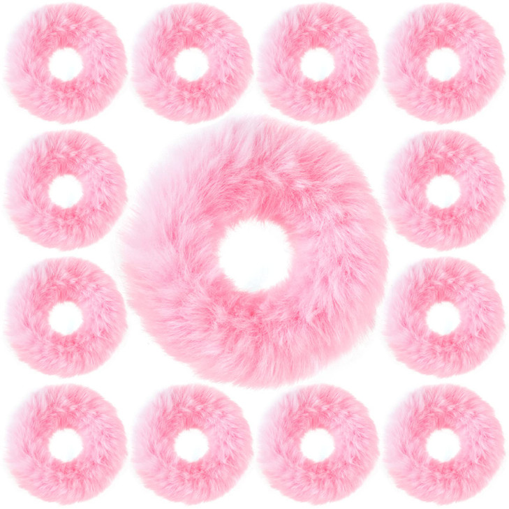 OIIKI Pink Fuzzy Hair Scrunchies 14pcs Furry Hair Scrunchies Furry Hair Bands with Faux Rabbit Fur Elastic Hair Tie Pony