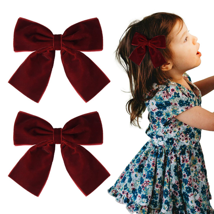 2PCS Velvet Hair Bows Red Hair Ribbon Clips 4 Big Fall Alligator Clips Hair Accessories for Women Girls Toddlers Kids Ba