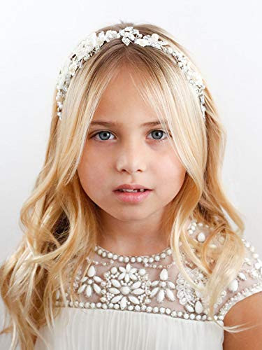 SWEETV Flower Girl Headpiece Ivory Tulle Flowers Wedding Headband for Girls Princess Pearl Hair Accessories for Birthday