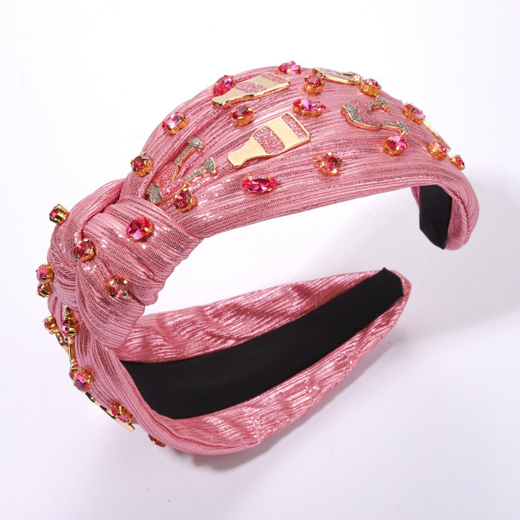 HSWE Crystal Knotted Headband for Women Pink Champagne Glass Rhinestone Jeweled Embellished Wide Top Knot Hairband Funny