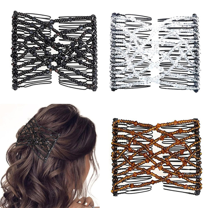 Magic Hair Combs 3 pcs Vintage Bead Stretchy Magic Clips Double Hair Clip Hairpins Crystal Stretch Pearls Hair Accessori