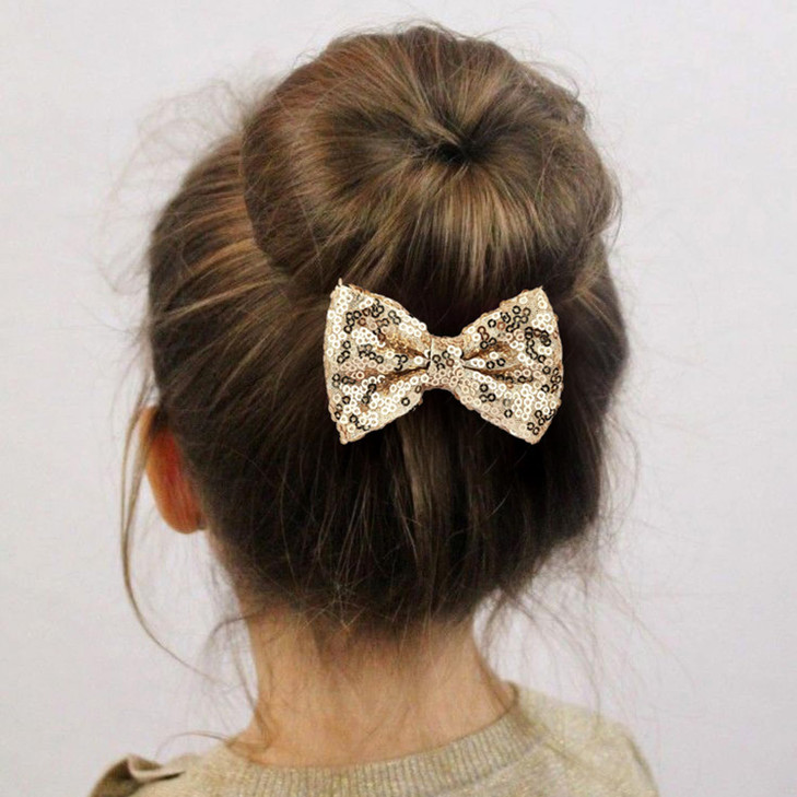 Love Fairy 3Inch Glitter Bow Hairpin Sparkling Sequin Bow Tie Hair Clip for GirlsTeens and Women Champagne Gold