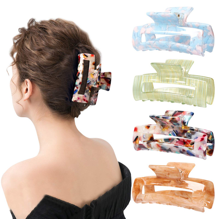 Magicsky 4PCS Hair Claw Clips Acrylic Banana Barrettes Celluloid French Butterfly Jaw Tortoise Grip PinLeopard print Sty