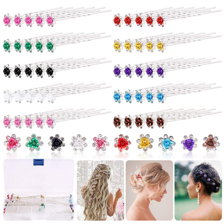 Rustark 50 Pcs Crystal Hair Pins Rose Flower Rhinestone Hair Clips U Shaped Hair Pins Bobby Pins Bun Hairpins for Weddin