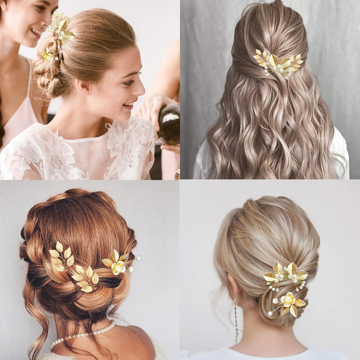 8PCS Gold Leaf Hair Pins with Crystals Pearls Rhinestones Bridal Headpiece Wedding Hair Styling Pins Vintage Hair Access