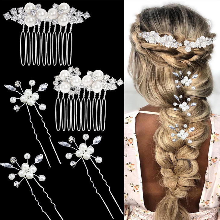 5PCS Silver Vintage Pearls Jewelry Headpieces Wedding Crystal Hair Comb Rhinestone Hair Clips Hair Accessories for Women