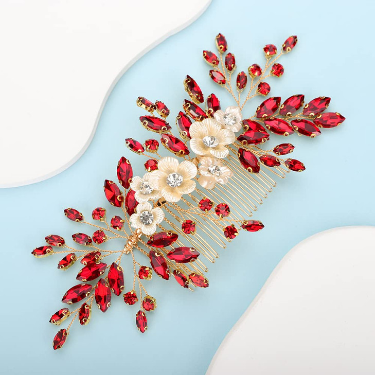 BERYUAN Bridal White Flower Red Crystal Rhinestone Hair Comb for Bride Bridesmaid Sliding side Headpieces Wedding Hair A