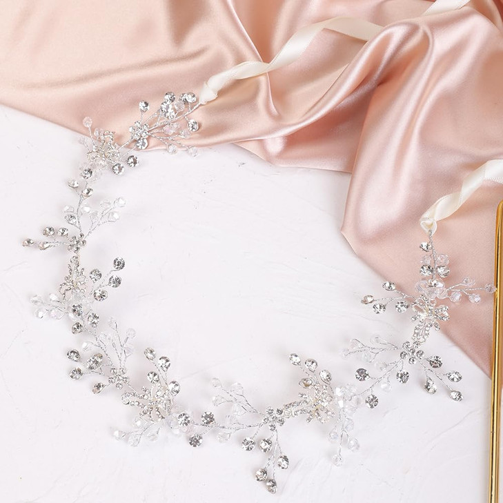 BERYUAN Silver Flower Crystal Headband Crystal Beads Hair Piece Silver Wedding Hair Accessories Bridal Heaband for Weddi