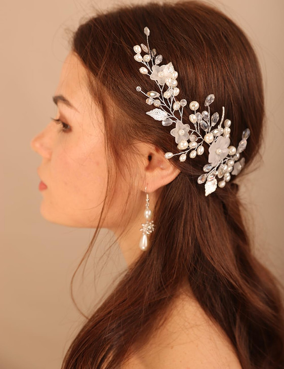 BERYUAN Wedding White Flower Pearls Crystal Hair Vine Pearls Earring Set Beads Peals Hair Piece Wedding Hair Headband Si