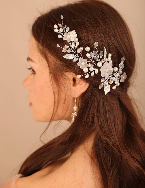 BERYUAN Wedding White Flower Pearls Crystal Hair Vine Pearls Earring Set Beads Peals Hair Piece Wedding Hair Headband Si