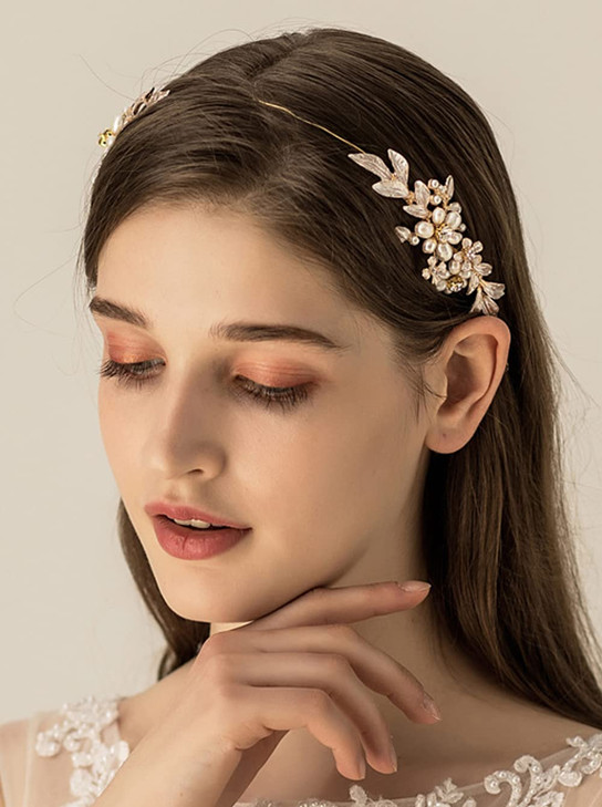 JWICOS Gold Bridal Leaves Rhinestones Headband for Brides and Bridesmaid Flower Pearl Crystal Hair Accessories for Weddi