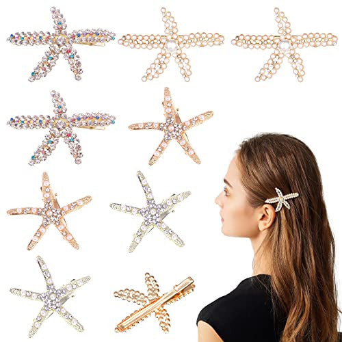 8 Pcs Starfish Hair Clip Seashell Hair Clips Pearls Crystal Hair Clips Bride Wedding Head Pieces Ponytail Holder Hair Ac